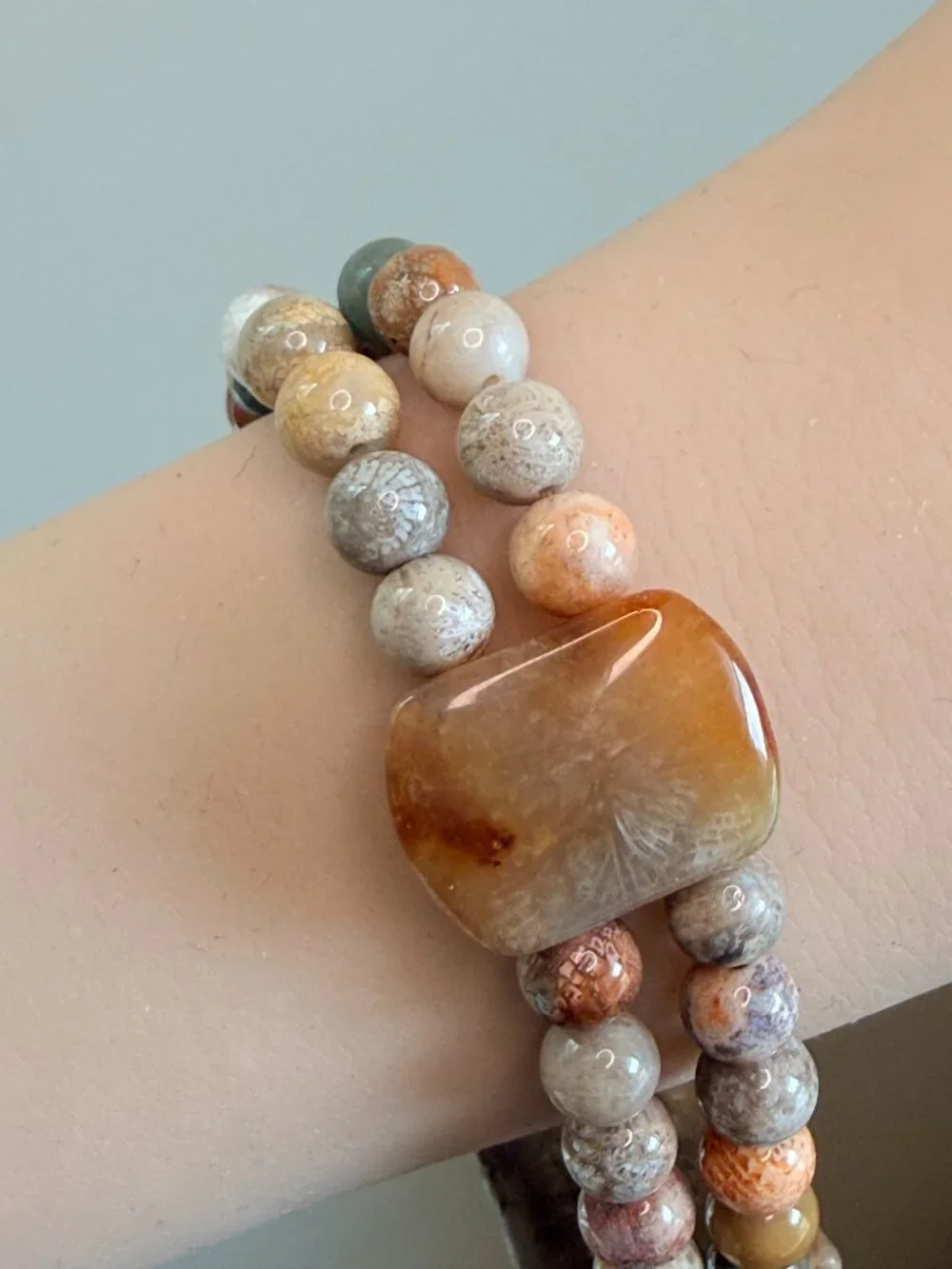 Unisex Coral Fossil Half Bangle Double Strand Bracelet